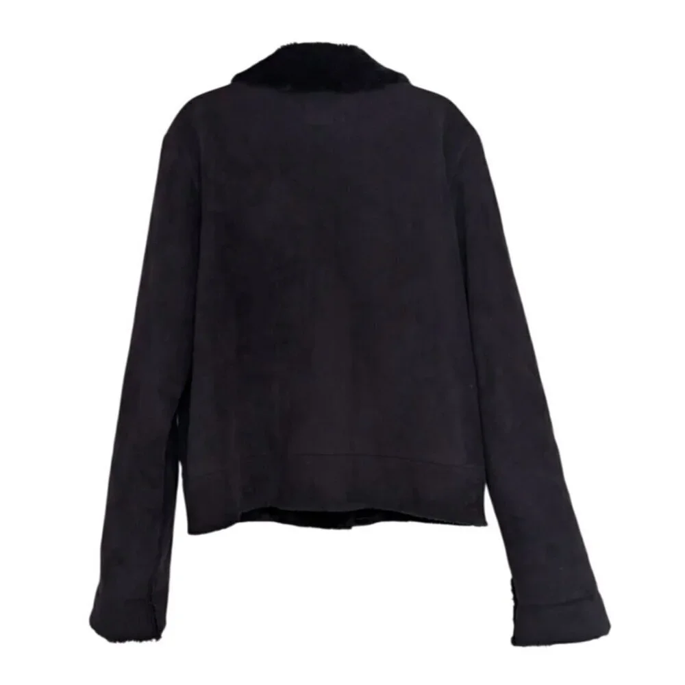 Lauren Ralph Lauren Faux Suede Fur Jacket Womens Size Large Black Double Breast